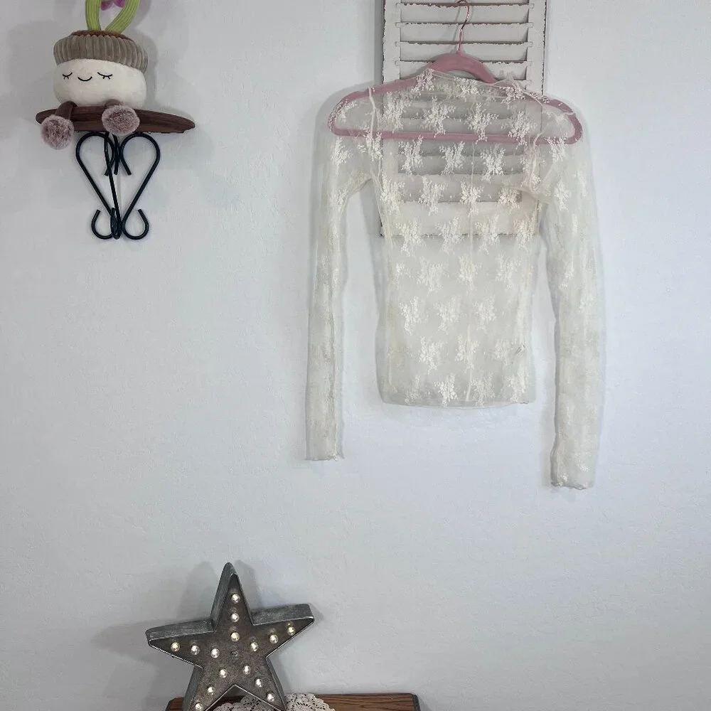 Free People Ivory Sheer Lace Long Sleeve Top